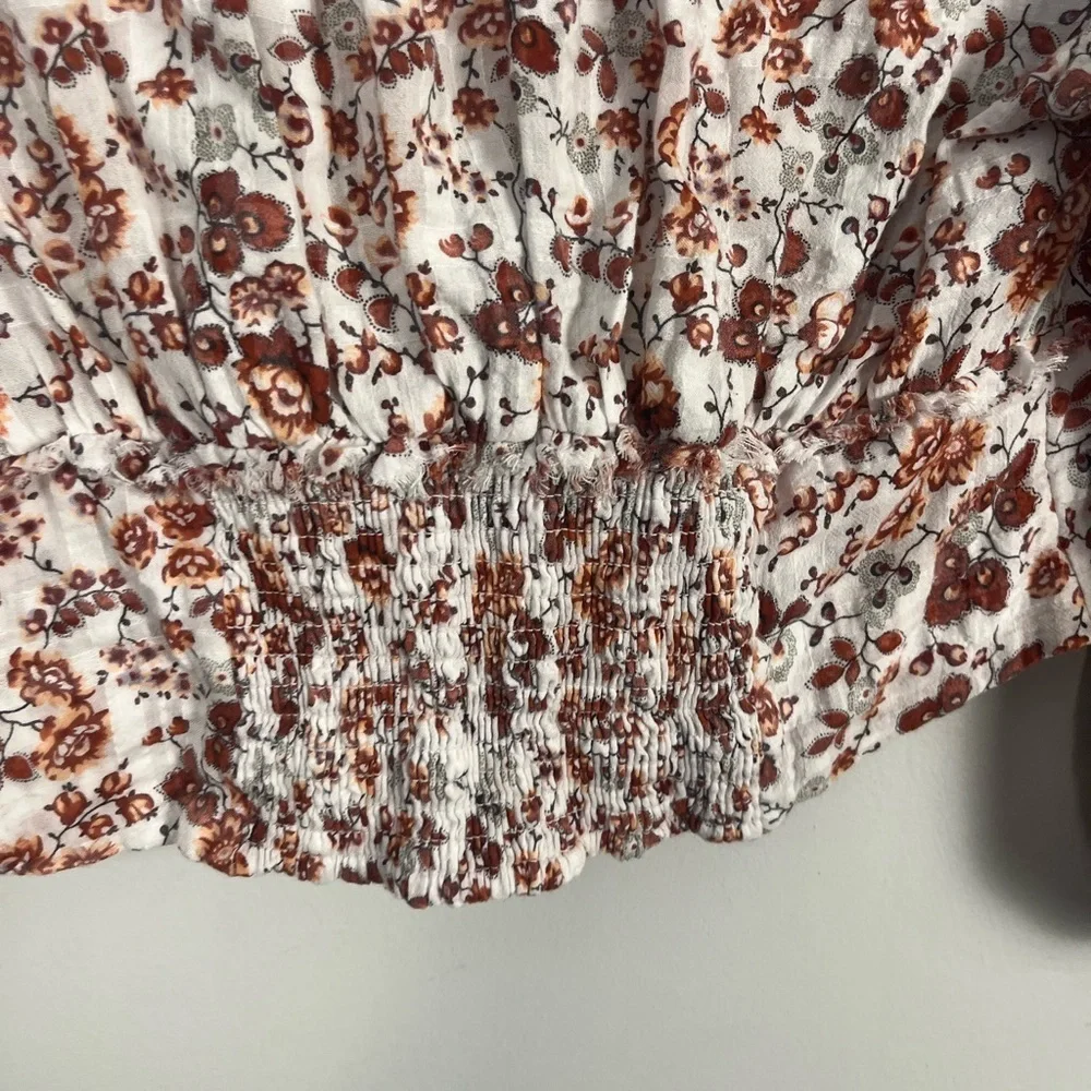 Anthropologie floral button crop long sleeve blouse size medium cream/brown